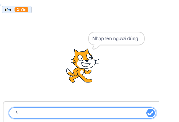 Hãy tạo chương trình Chào hỏi cho phép nhập tên người dùng từ bàn phím, sau đó nhân vật mèo trong Scratch sẽ nói (ảnh 3)
