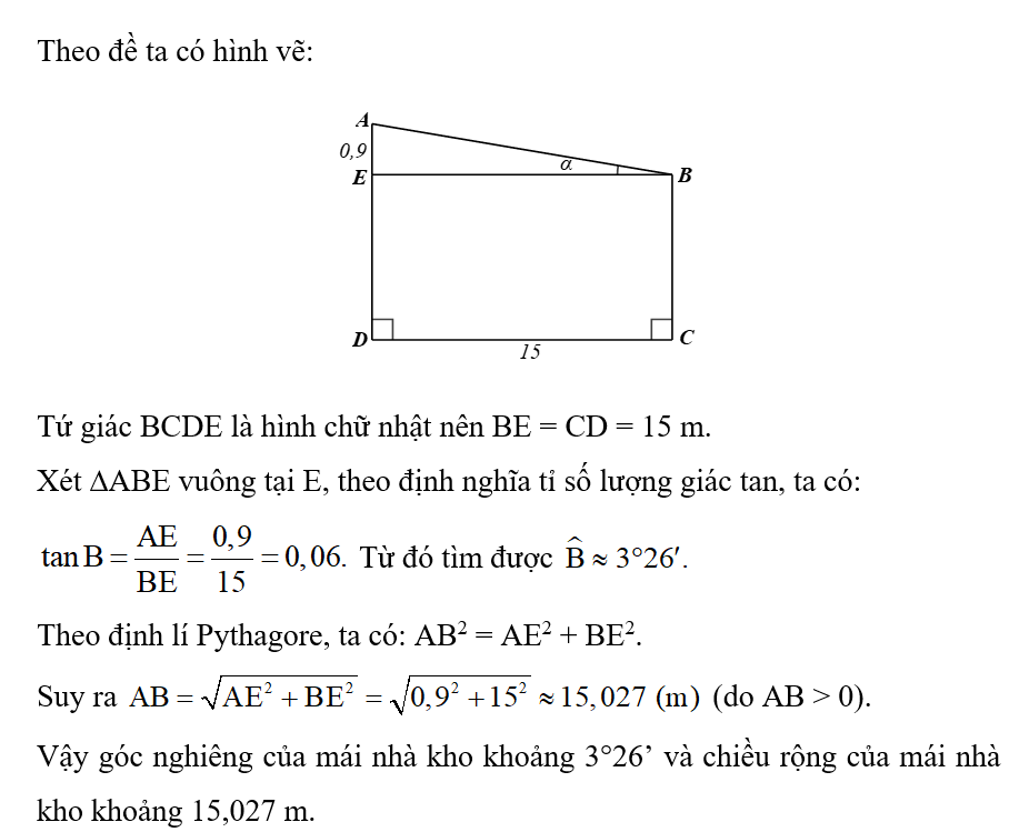 Tìm góc nghiêng α và chiều rộng AB của mái nhà kho trong Hình 4.23.   (ảnh 2)