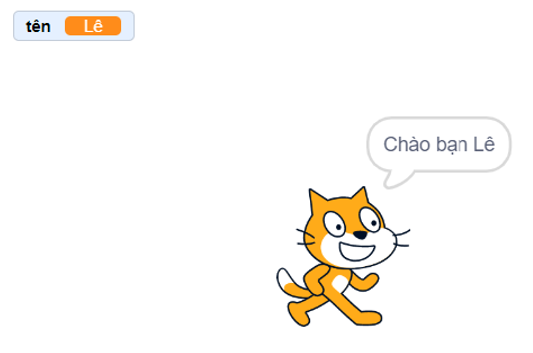 Hãy tạo chương trình Chào hỏi cho phép nhập tên người dùng từ bàn phím, sau đó nhân vật mèo trong Scratch sẽ nói (ảnh 4)