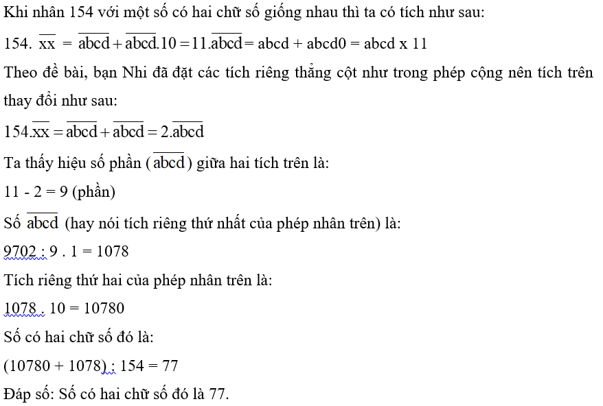 Khi nhân 154 với một số có hai chữ số giống nhau, bạn Nhi dã đặt các tích riêng (ảnh 1)