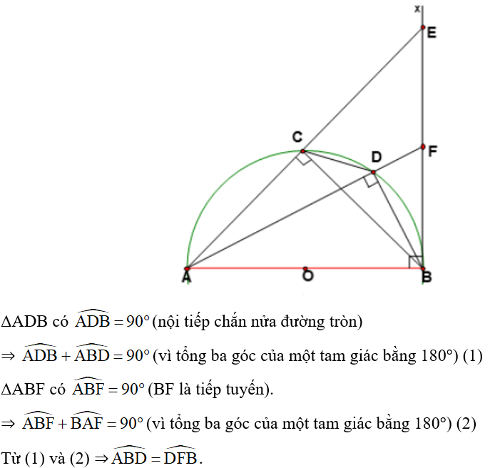 Cho nữa đường tròn tâm O đường kính AB, kẻ tiếp tuyến Bx và lấy hai điểm C và D thuộc nửa đường tròn (ảnh 1)