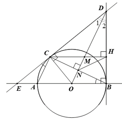 Cho đường tròn tâm O đường kính AB và một điểm C tùy ý trên (O) (C khác A, B và AC < CB). Các tiếp tuyến  của đường tròn (O) tại B và C cắt nhau tại D. (ảnh 1)