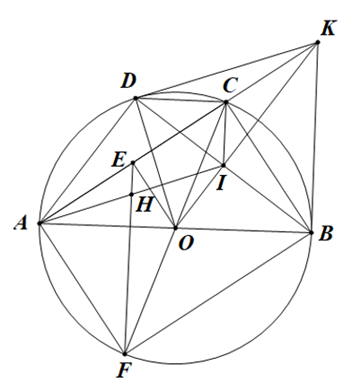 Cho đường tròn (O) đường kính AB. lấy điểm C thuộc (O) (C khác A và B tiếp tuyến của đường tròn (O) tại B cắt AC ở K. Từ K kẻ tiếp tuyến KD với đường tròn (O) (D là tiếp điểm khác B). (ảnh 1)