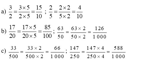 Viết các phân số sau thành phân số thập phân. a, 3/2, 2/5 (ảnh 1)