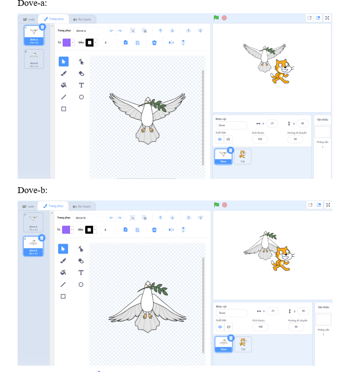 Em hãy thêm nhân vật Dove (chim bồ câu) và thực hiện theo hướng dẫn ở Hình 1. Ở bước (ảnh 2)