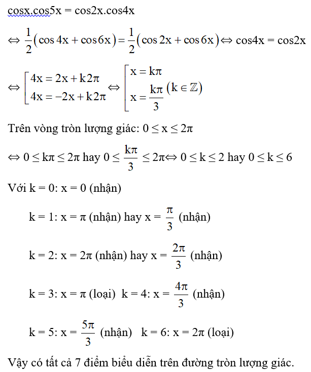 Cho phương trình cosx.cos5x = cos2x.cos4x. Số điểm biểu diễn trên nghiệm của phương trình trên đường tròn lượng giác là? (ảnh 1)