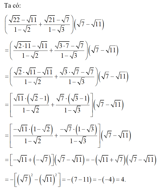 Rút gọn biểu thức sau: ( căn bậc hai 22 - căn bậc hai 11 / 1 - căn bậc hai 2+ căn bậc hai 21 - căn bậc hai 7/ 1- căn bậc hai 3) (ảnh 1)