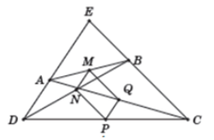 Cho tứ giác ABCD có góc D + góc C = 90 độ. Gọi M, N, P, Q theo thứ tự là trung điểm của AB, BD, DC, CA (ảnh 1)