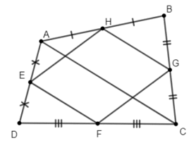 Cho tứ giác ABCD có E là trung điểm của đoạn thẳng AB. Điểm F là trung điểm của đoạn thẳng BC (ảnh 1)