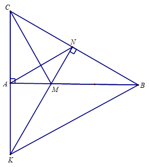 Cho tam giác ABC vuông tại A, trên cạnh AB lấy điểm M (M khác A, M khác B). Từ điểm M vẽ đường thẳng MN vuông góc với BC (N thuộc BC), đường thẳng MN cắt đường thẳng AC tại K. (ảnh 2)