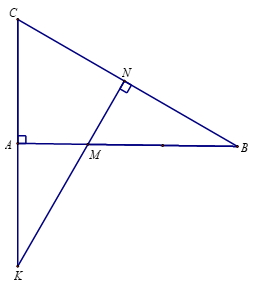 Cho tam giác ABC vuông tại A, trên cạnh AB lấy điểm M (M khác A, M khác B). Từ điểm M vẽ đường thẳng MN vuông góc với BC (N thuộc BC), đường thẳng MN cắt đường thẳng AC tại K. (ảnh 1)