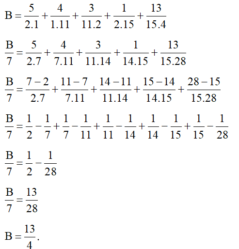 Tính hợp lý giá trị biểu thức B = 5/ 2.1 + 4/ 1.11 + 3/ 11.2 + 1/ 2.15 + 13/ 15.4  . (ảnh 1)