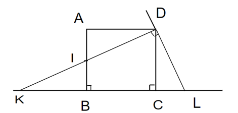 Cho hình vuông ABCD. Gọi I là một điểm nằm giữa A và B. Tia DI và tia CB cắt nhau ở K (ảnh 1)