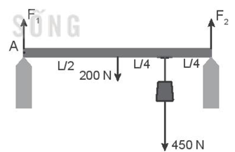 Một thanh đồng chất có chiều dài L, trọng lượng 200 N, treo một vật có trọng lượng 450 N (ảnh 2)