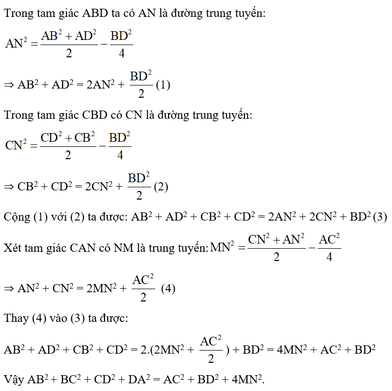 Cho tứ giác ABCD. M, N là trung điểm của AC và BD.  Chứng minh (ảnh 2)