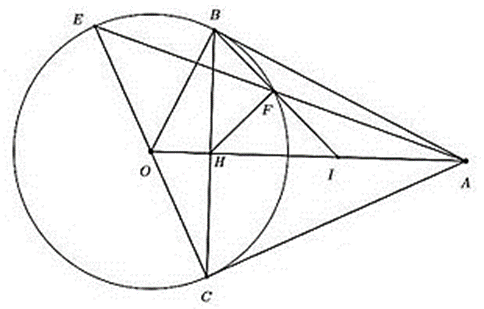 Cho đường tròn (O) và điểm A nằm bên ngoài đường tròn, từ A vẽ hai tiếp tuyến AB, AC (B, C là hai tiếp điểm).  1) Chứng minh tứ giác ABOC nội tiếp. (ảnh 1)