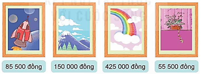Rô-bốt đã bán bốn bức tranh với giá tiền tương ứng như hình dưới đây.  Hỏi trung bình mỗi bức tranh của Rô-bốt có giá bao nhiêu tiền? (ảnh 1)