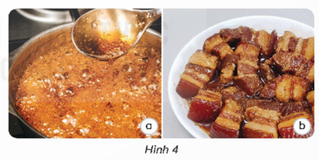 Người ta thường nấu nước màu kho thịt, cá từ đường. Quan sát hình 4 và cho biết biến đổi nào đã diễn ra với đường trong quá trình nấu nước màu. (ảnh 1)