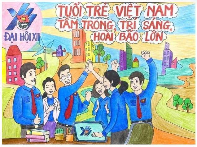Em hãy cùng bạn thiết kế một tác phẩm tuyên truyền về lí tưởng sống của thanh niên Việt Nam. Gợi ý sản phẩm: sáng tác truyện, thơ, vẽ tranh, làm tập san, ... (ảnh 1)