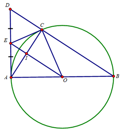 Cho đường tròn (O) đường kính AB. Lấy điểm C thuộc (O). Tiếp tuyến tại A của (O) cắt đường thẳng BC tại D (ảnh 1)