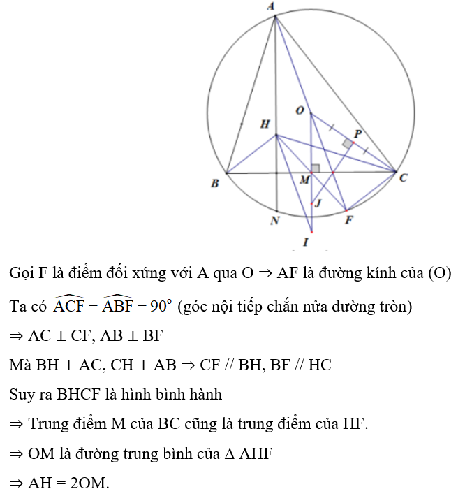 Cho tam giác ABC nhọn (AB < AC) nội tiếp đường tròn (O; R). Gọi H là trực tâm của tam giác ABC. Gọi M là trung điểm của BC. Chứng minh AH = 2OM. (ảnh 1)