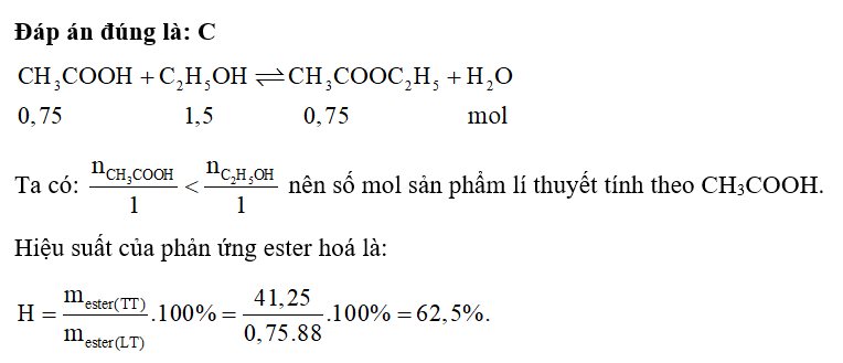 Cho 45 gam acetic acid phản ứng với 69 gam ethanol (xúc tác H2SO4 đặc) (ảnh 1)