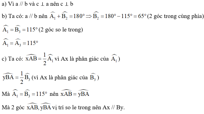 Xem hình vẽ, cho biết a// b và c ⊥ a.  a) Đường thẳng c có vuông góc với đường thẳng b không? Vì sao (ảnh 2)