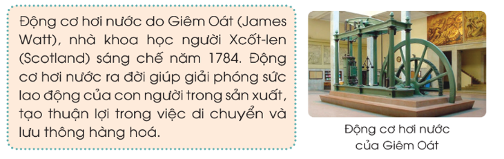 Đọc thông tin dưới đây và cho biết: 1. Ai là người sáng chế ra động cơ hơi nước? 2. Động cơ hơi nước được sáng chế vào năm nào? (ảnh 1)