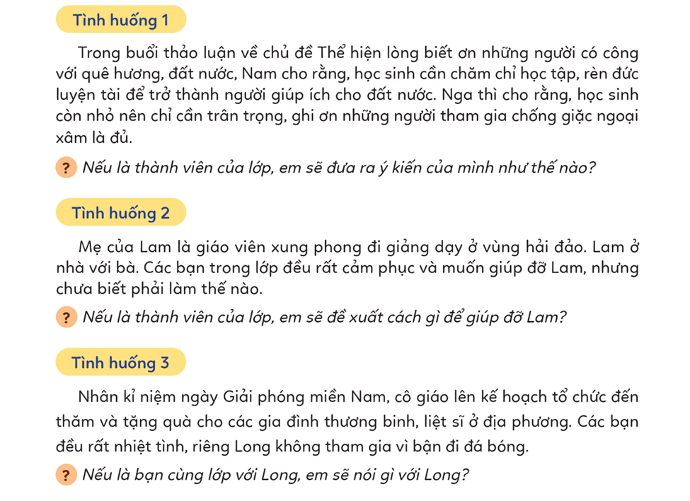 Xử lí tình huống tình huống 1 trong buổi thảo luận về chủ đề thể hiện lòng biết ơn những người có công với (ảnh 1)