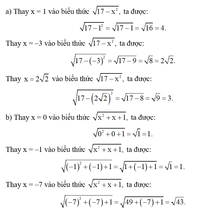 Tính giá trị của mỗi căn thức bậc hai sau:  a) căn bậc hai 17- x^2 tại x = 1; x = –3;  (ảnh 1)
