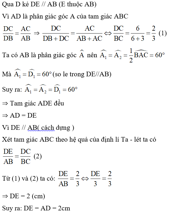 Cho tam giác ABC có góc B + góc C = 60 độ; AB = 3; AC = 6. Tính độ dài đường phân giác AD? (ảnh 1)