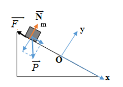 Vật m = 3 kg chuyển động lên mặt phẳng nghiêng góc 450 so với phương ngang dưới tác dụng của lực kéo F (ảnh 2)