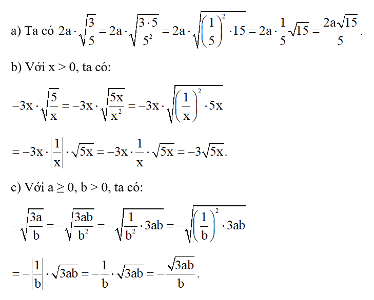 Khử mẫu trong dấu căn:  a) 2a. căn bậc hai 3/5 (ảnh 1)