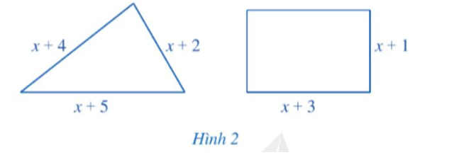 Tìm số thực dương x sao cho ở Hình 2 chu vi của hình tam giác lớn hơn chu vi của hình chữ nhật: (ảnh 1)