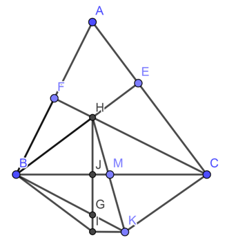 Cho tam giác ABC nhọn AB < AC. Các đường cao BE, CF cắt nhau tại H (ảnh 1)