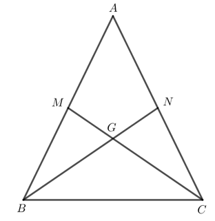 Cho ΔABC có hai trung tuyến CM, BN bằng nhau và cắt nhau tại G. Chứng minh tam giác ABC cân. (ảnh 1)