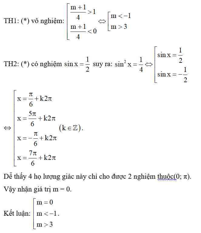 Tìm m để phương trình (2sinx − 1)(2cos2x + 2sinx + m) = 3 − 4cos2x có đúng hai nghiệm thuộc (0; π). (ảnh 2)