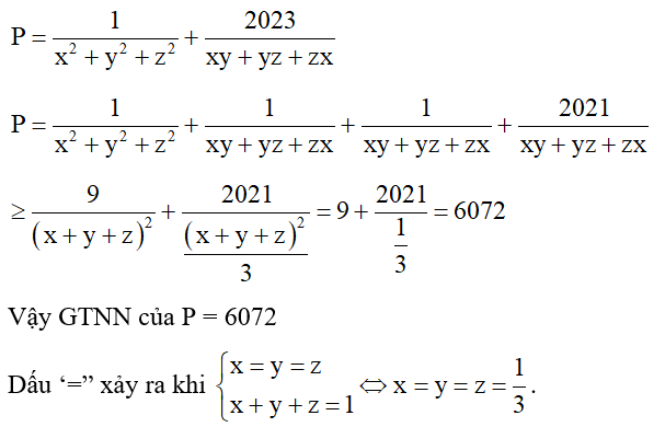 Cho x, y, z > 0 và x + y + z = 1. Tìm GTNN của  . (ảnh 1)