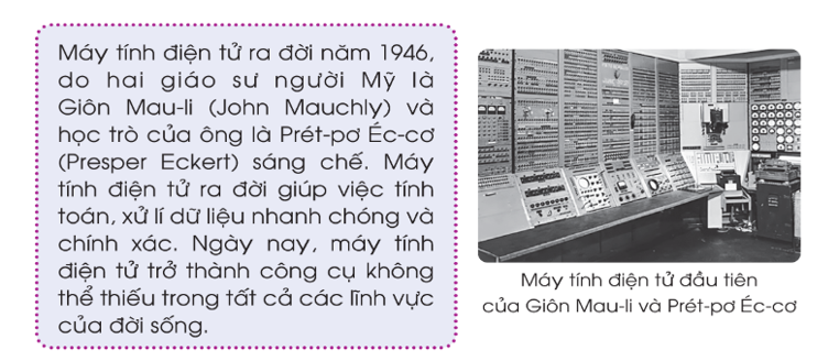 Đọc thông tin dưới đây và cho biết: 1. Người sáng chế ra máy tính điện tử là ai? 2. Máy tính điện tử được sáng chế vào năm nào? (ảnh 1)