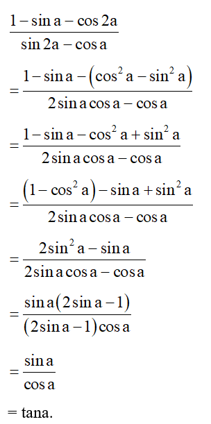 Rút gọn biểu thức 1- sina - cos 2a/ sin2a - cosa. (ảnh 1)
