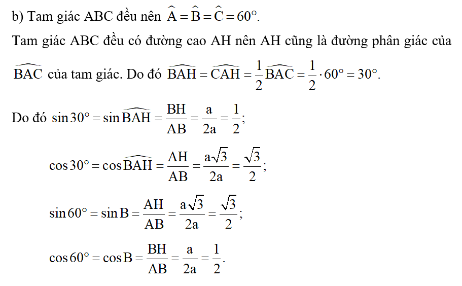 b) Tính sin30°, cos30°, sin60° và cos60°. (ảnh 1)