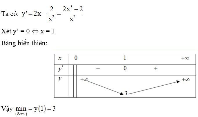 Tìm GTNN của hàm số y= x^2 +2/x  với x > 0. (ảnh 1)