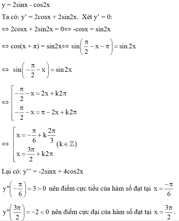 Tìm điểm cực trị của hàm số y = 2sinx - cos2x. (ảnh 1)