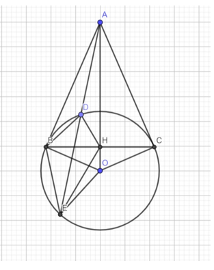 Cho đường tròn (O; R) và điểm A nằm ngoài đường tròn, từ A vẽ hai tiếp tuyến AB, AC; B và C (ảnh 1)