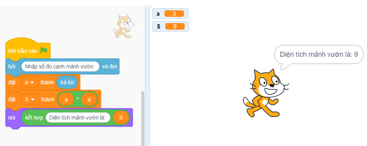 Tạo và chạy chương trình Scratch như ở Hình 3. Tạo thêm biến, bổ sung lệnh để chương trình tính, thông báo diện tích, chu vi mảnh vườn. (ảnh 2)