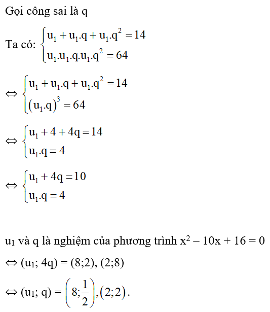 Tìm cấp số nhân biết: u1 + u2 +u3 = 14; u1u2u3 = 64 . (ảnh 1)