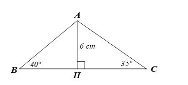 Cho tam giác ABC có đường cao AH = 6 cm, góc B= 40 độ , góc C = 35 độ (ảnh 1)