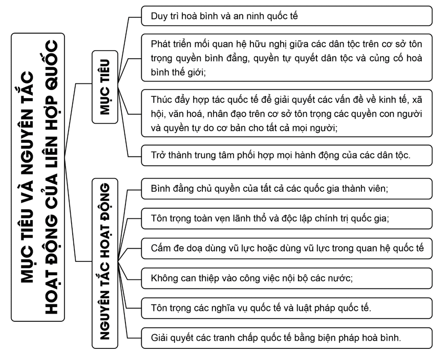 Vẽ sơ đồ các mục tiêu và nguyên tắc hoạt động của Liên hợp quốc.  (ảnh 1)