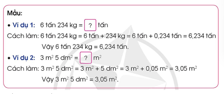 Tìm số thích hợp cho ô   (theo mẫu):  5 tấn 262 kg = ? tấn  3 tạ 52 kg = ? tạ  6 kg 235 g = ? kg  	  32 dm2 14 cm2 = ? dm2  5 cm2 6 mm2 = ? cm2 (ảnh 1)