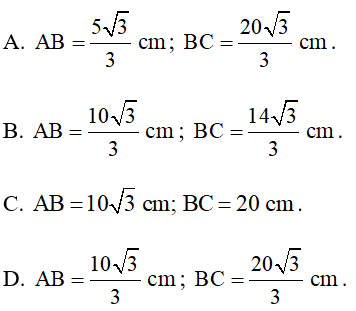 Cho tam giác ABC vuông tại A có AC = 10 cm, góc C = 60 độ. Độ dài hai cạnh còn lại là (ảnh 1)